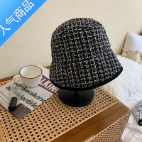 SUNTEK黑白千鸟格日系水桶帽女秋冬粗麻针织保暖渔夫帽网红遮脸百搭盆帽