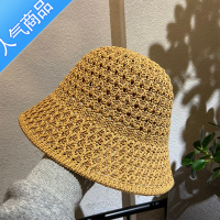 SUNTEK米色亚麻编织渔夫帽子女早春夏季透气镂空大头围水桶盆帽遮阳草帽