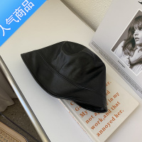 SUNTEKPU皮质渔夫帽女韩版百搭黑色羊皮盆帽子女秋冬时尚遮脸水桶帽