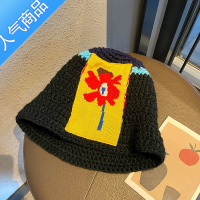 SUNTEK针织渔夫帽女秋冬季潮牌韩版百搭日系黑色显脸小毛线帽花朵盆帽子