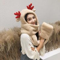 SUNTEK鹿护耳朵帽子女秋冬季可爱冬天毛绒围巾连帽一体韩版百搭保暖潮