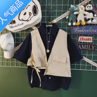 SUNTEK夏季短袖衬衫男潮牌ins潮流宽松假两件马甲工装休闲长袖衬衣春秋