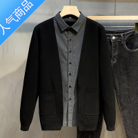 SUNTEK男士2021春秋季假两件针织开衫时尚百搭衬衫领外套男黑色毛衣潮牌
