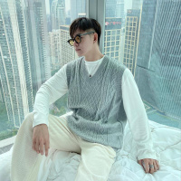 SUNTEK 麻花针织马甲背心男早秋宽松慵懒风叠穿V领无袖套头毛衣坎