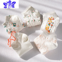 Ideamini 5双装 春夏甜美简约格纹花朵白色日系少女短袜 舒适百搭学生袜子袜子