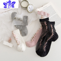 Ideamini夏季薄款丝袜袜日系透明卡丝玻璃丝凉鞋泡泡花边中筒袜子女玻璃袜袜子