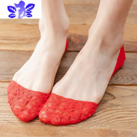 Ideamini本命年大红色蕾丝袜子女薄款船袜高跟鞋超浅口隐形袜结婚庆红袜子袜子