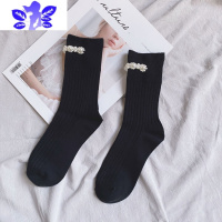 Ideamini女中筒ins潮珍珠黑色白色重工欧货韩国网红款小腿袜手工缝制丝袜