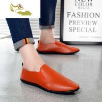 喻娄品牌英伦黑白橘桔豆豆鞋男士休闲皮鞋懒人鞋韩版一脚蹬代发