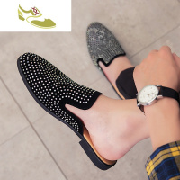 喻娄品牌无根懒人鞋男一脚蹬水钻皮鞋无后跟社会半托脱拖没有脚后跟的鞋子