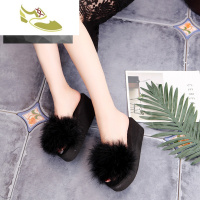 喻娄品牌灰色松糕一字拖鞋女夏季高跟鸵鸟羽毛松糕厚底毛毛坡跟沙滩凉拖鞋