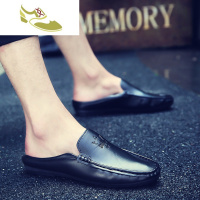 喻娄品牌夏季半拖皮面豆豆鞋男网红一脚蹬懒人韩版半拖鞋社会小伙半托潮鞋