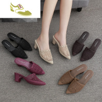 喻娄品牌坡跟果冻女士凉拖鞋夏季外穿尖头中跟包头塑料镂空洞洞沙滩拖鞋女