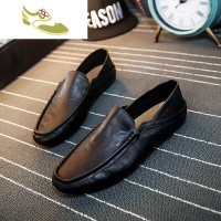 喻娄品牌夏季精神全黑色男豆豆鞋平底社会小伙小皮鞋一脚蹬不系带便宜鞋子