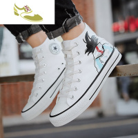 喻娄品牌秋季2019新款青少年男鞋学生鞋子潮鞋手绘涂鸦板鞋动漫高帮帆布鞋