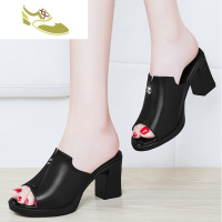 喻娄品牌粗跟拖鞋女2019夏季新款时尚百搭外穿中跟防滑女士高跟一字凉拖鞋