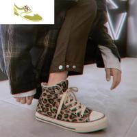 喻娄品牌冬季豹纹高帮帆布鞋男情侣鞋子2019新款百搭潮鞋网红加绒保暖棉鞋