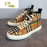喻娄品牌精神小伙秋冬欧洲站男士高帮格子帆布系带休闲鞋精品时尚潮流男鞋男士高帮鞋