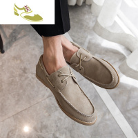 喻娄品牌男鞋夏季潮鞋2019新款真皮舒适磨砂皮休闲鞋子简约素面英伦帆船鞋
