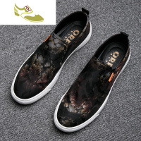 喻娄品牌印花布鞋男潮流新款透气内增高懒人鞋青年一脚蹬乐福鞋平底休闲鞋