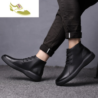 喻娄品牌青年全黑色软皮靴子系带平底透气高邦皮鞋擦色牛皮男装土无棉单靴