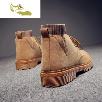 喻娄品牌工装靴高帮袜子鞋休闲马丁靴冬季中帮卡其色男靴子短靴英伦风男鞋