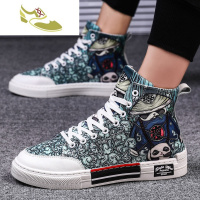 喻娄品牌秋季男鞋手绘高帮帆布鞋男2019新款涂鸦休闲板鞋中帮布鞋动漫潮鞋