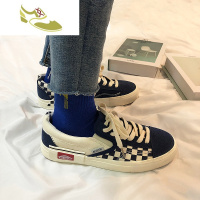 喻娄品牌szxsuk 韩国ulzzang侧标格子帆布鞋深蓝色一脚蹬板鞋港味男女学生