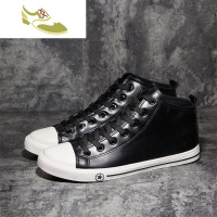 喻娄品牌情侣鞋皮面高帮鞋PU黑色潮鞋高邦休闲鞋学生中帮男鞋春季新款百搭