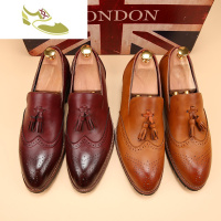 喻娄品牌韩版潮流布洛克流苏尖头套脚皮鞋春秋英伦低帮一脚蹬发型师男鞋潮男士低帮鞋