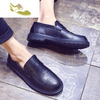 喻娄品牌日系一脚蹬皮鞋男休闲英伦潮流花乐福鞋套脚板鞋低帮潮鞋子