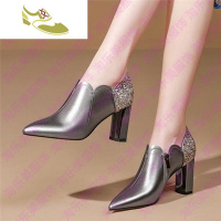 喻娄品牌单鞋女尖头粗跟女鞋2019春季新款高跟鞋大码浅口亮片中跟职业皮鞋女士帆布鞋