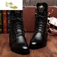 喻娄品牌冬季男靴子韩版潮流高帮鞋内增高铆钉中筒靴春秋尖头皮靴马丁靴男