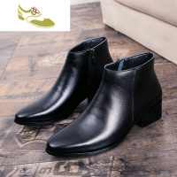 喻娄品牌秋季男士皮靴真皮高跟拉链尖头短靴英伦男靴子透气男鞋增高皮鞋潮