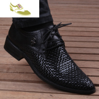 喻娄品牌新款夏季男士休闲鞋时尚韩版真皮编制鞋子男系带尖头内增高皮鞋男