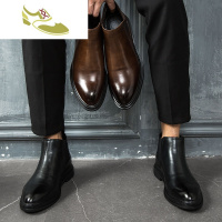 喻娄品牌青年商务正装切西尔靴男士加绒男靴子2019新款尖头英伦马丁短靴男男士靴子