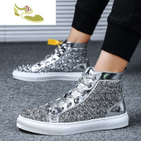 喻娄品牌高帮鞋男板鞋发型师铆钉潮流韩版黑银色鞋子男潮鞋欧洲站快手网红