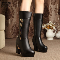 歌爱妮2021秋冬真皮高跟厚底女靴防滑粗跟皮靴单靴加绒羊毛里中筒靴女棉靴子