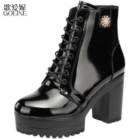 歌爱妮高跟粗跟马丁靴女春秋单靴2021年秋冬新款厚底防水台漆皮百搭短靴