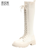 歌爱妮马丁靴女2021年新款春秋长靴英伦风厚底显瘦系带高筒长筒靴骑士靴
