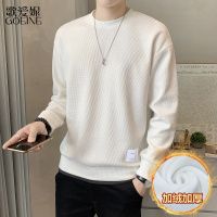 歌爱妮2021秋冬季华夫格卫衣男加绒加厚潮流宽松圆领假两件套头T恤打底上衣