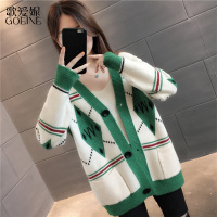 歌爱妮2021秋装新款女士拼色菱格针织开衫外套女春秋季女装毛衣慵懒风