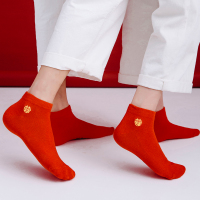 Ideamini红袜子结婚情侣一对刺绣大红色2双短袜本命年踩小人男女新娘喜袜袜子