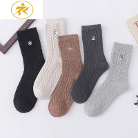 Ideamini伊绅刺绣袜子女中筒棉秋冬季日系复古色深灰黑学生女士长袜子袜子