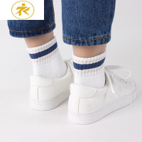 Ideamini袜子女棉加厚毛巾底条纹中筒袜 秋冬棉白色四季运动跑步短袜袜子