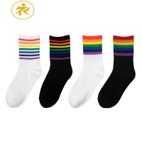 Ideamini彩色彩虹袜子女中筒袜条纹日系长袜子潮流街头韩国棉夏春秋冬袜子