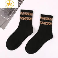 Ideamini豹纹袜子女士拼色韩国条纹棉黑色高腰秋冬季性感豹纹两条杠袜子袜子