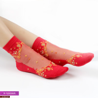 Ideamini红袜子本命年踩小人结婚新娘袜棉底水晶玻璃丝女丝袜喜庆大红色袜子