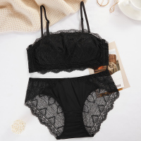 Ideamini超薄款裹胸内衣女无钢圈抹胸式防走光黑色蕾丝文胸罩套装夏天透气抹胸