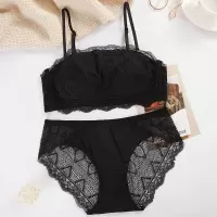 Ideamini超薄款裹胸内衣女无钢圈抹胸式防走光黑色蕾丝文胸罩套装夏天透气抹胸